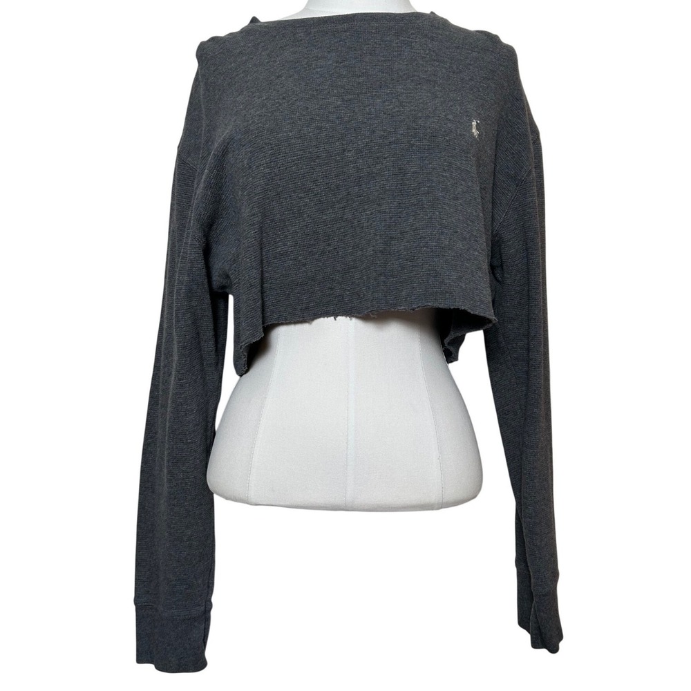 VTG Polo Ralph Lauren Women Charcoal Gray‎ Thermal Cropped Long Sleeve Shirt L